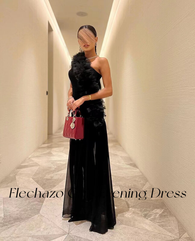 Flechazo Black Chiffon Evening Dresses One Shoulder Pleated Tiered Illusion Elgeant Party Dress For Women 2024 فساتين السهرة