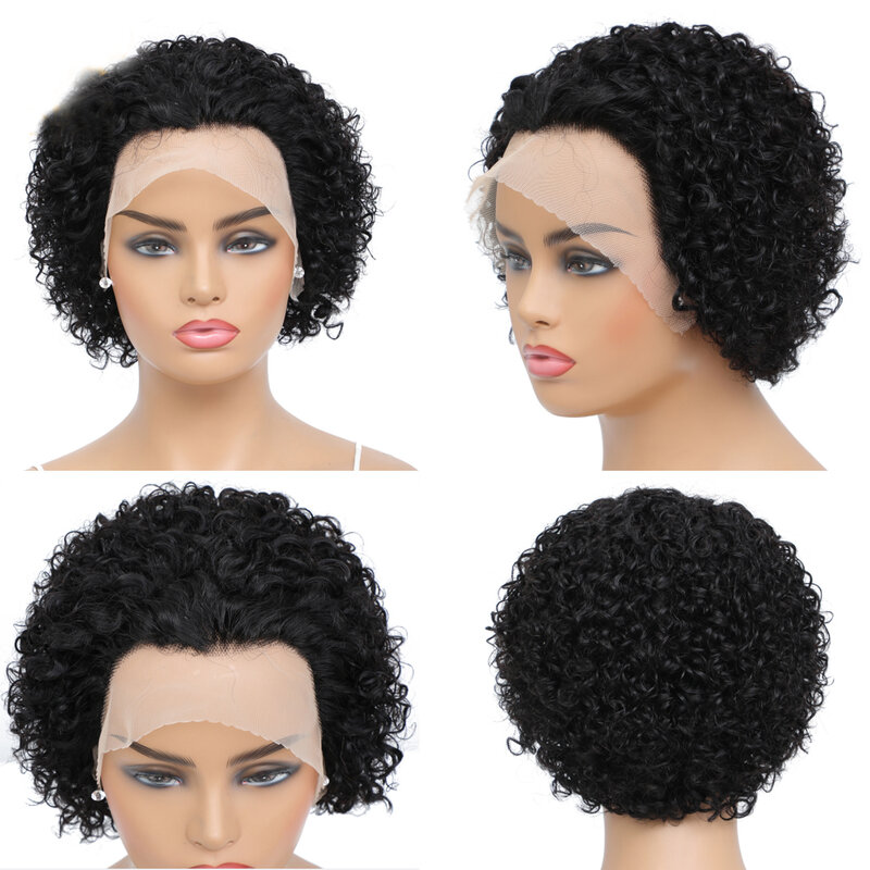 Short Curly Lace Wigs Pixie Cut Lace in Front  Wig For Black Burgundy Color Women Brazilian Remy Real Hair 150% Density Glueless