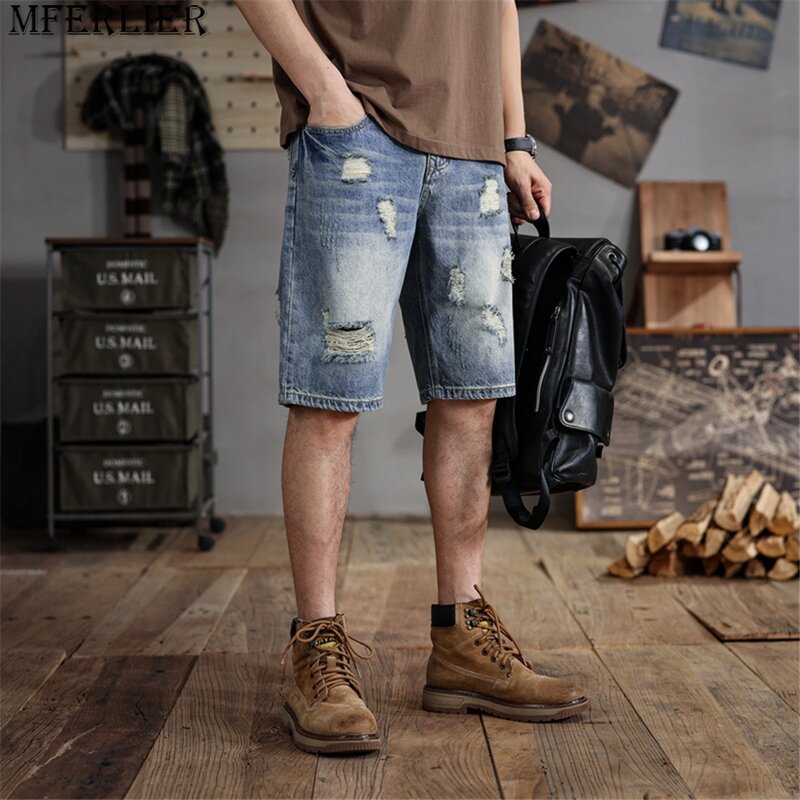 Shorts jeans rasgados para homens, calças curtas vintage, tamanho grande, 48 plus size, moda verão