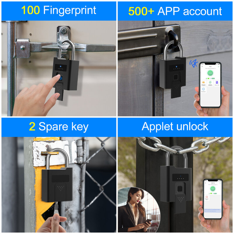 Heavy-duty Smart Fingerprint Padlock Waterproof Security Quick Identification Unlock Type-C Rechargeable Anti-Theft Lock