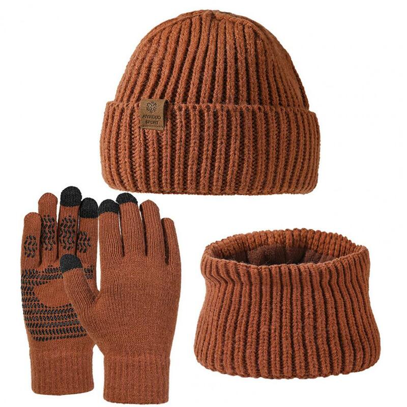 Ensemble de gants à écran tactile unisexe, bonnet d'hiver, longue écharpe, cache-cou en tricot solide pour hommes, 3 pièces