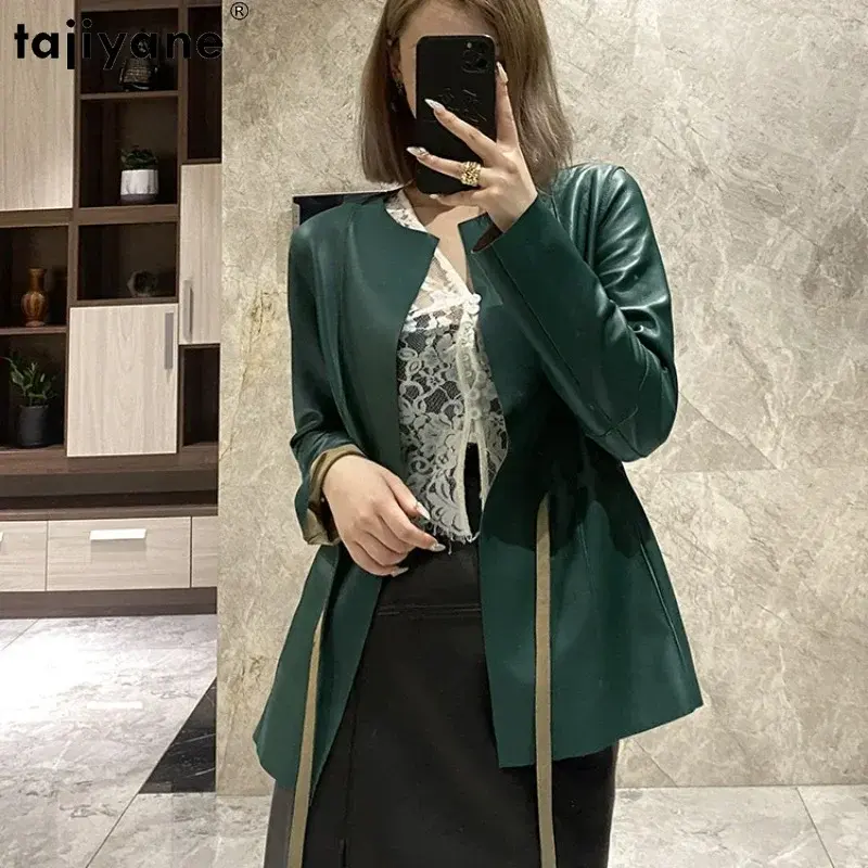 Tajiyane-elegante casaco de pele de carneiro para mulheres, jaquetas de couro com gola O, jaqueta de couro genuíno, outwear solto com cinto, 2023