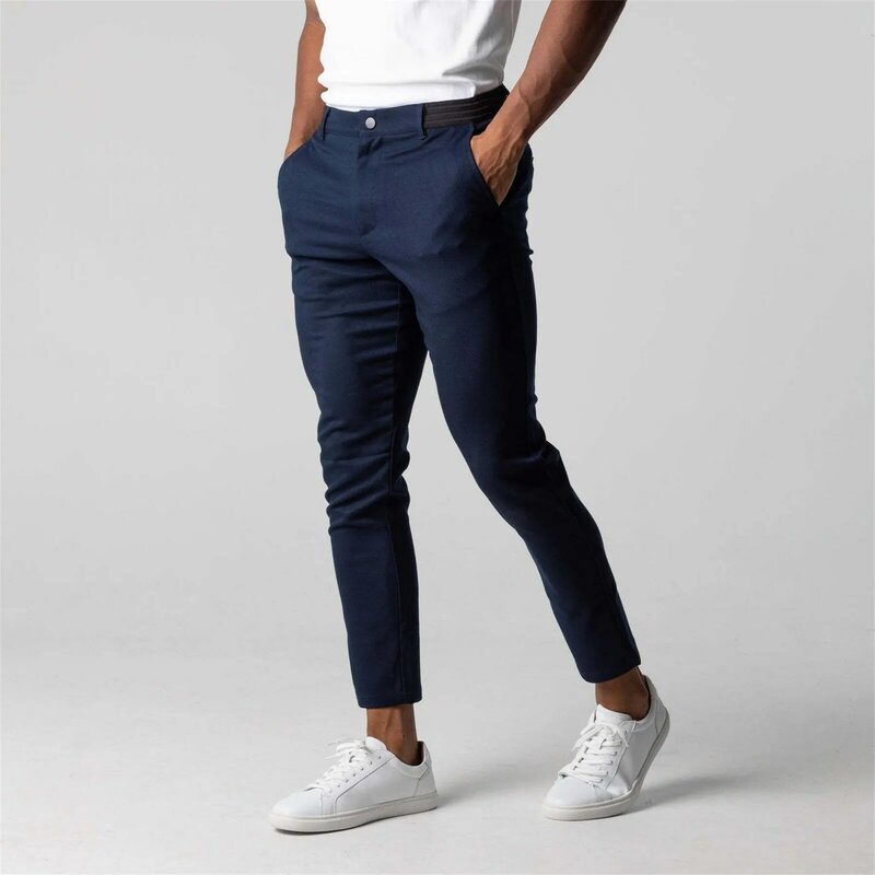 Celana panjang pria, celana Formal kasual pria, celana panjang ramping serbaguna bisnis, elastis tinggi gaya Inggris, celana Betis mode warna polos