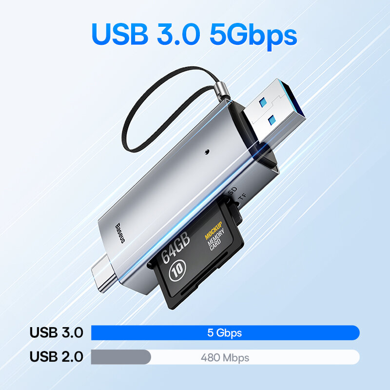 Baseus-Leitor de cartão inteligente, USB C e USB 3.0 para SD Micro SD TF dispositivo de memória, 104 MBps, 2TB, acessórios portáteis