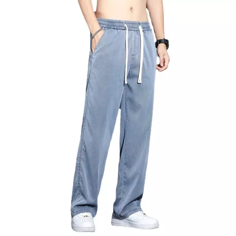 Летние мягкие мужские джинсы Lyocell из ткани, тонкие свободные прямые брюки с эластичным поясом, корейские повседневные брюки