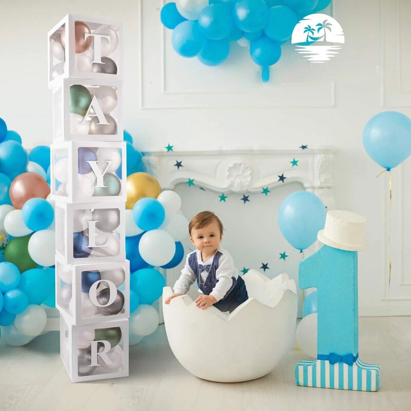 Caja de globos con letras transparentes, decoración de feliz cumpleaños, boda, EID, suministros para fiesta de primer cumpleaños, caja de globos