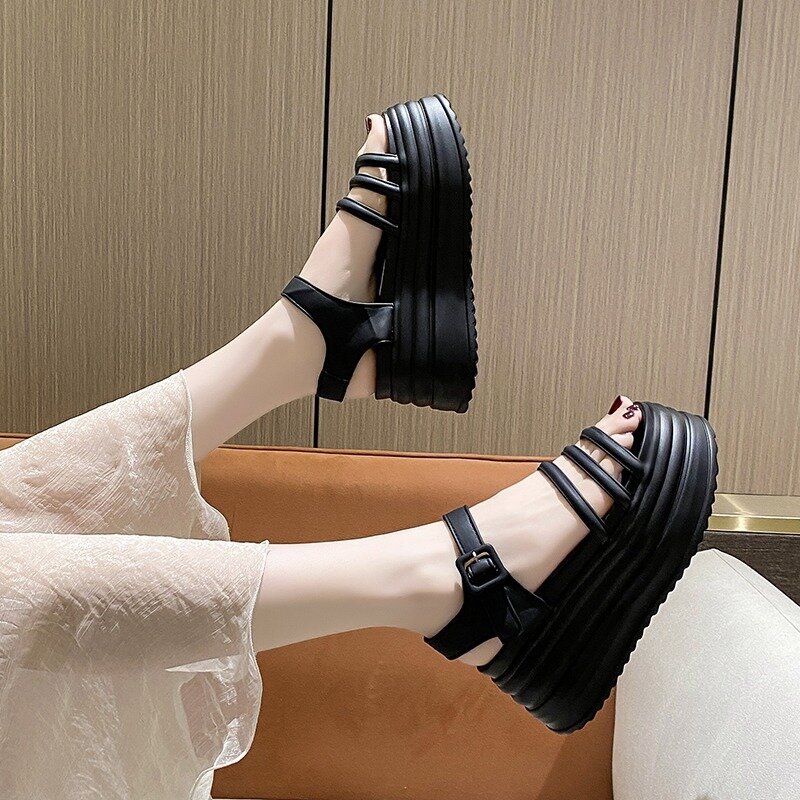8CM Platform Sandals Women 2024 Summer New Fashion Non-slip High Heels Narrow Band Sandals Ladies Open-toed Roman Beach Shoes