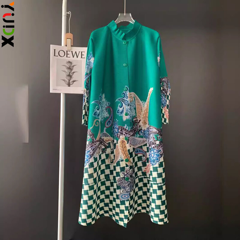 Miyake-vestido plisado de una sola botonadura para mujer, ropa informal con estampado a cuadros, manga de siete cuartos, temperamento, verano 2024
