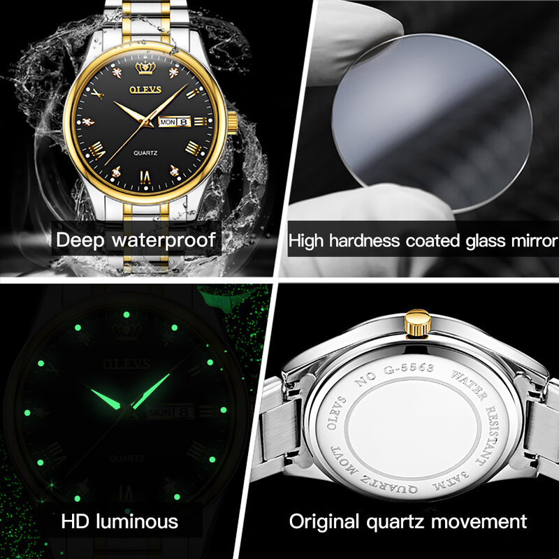 OLEVS 럭셔리 브랜드 쿼츠 커플 시계, 방수 손목시계, 연인 선물, 빛나는 클래식 날짜, 주간 시계, 그 또는 그녀의 시계 세트