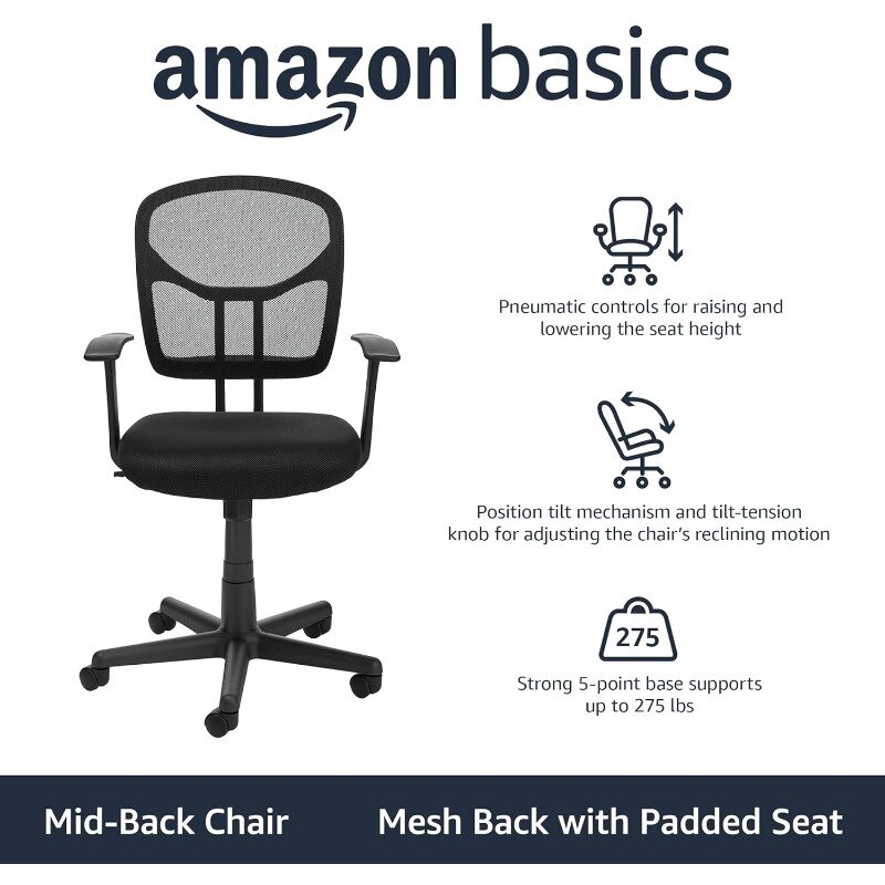 Basics-Chaise de bureau à dossier moyen réglable en maille, fauteuil de bureau à chocs résistant à 360, accoudoirs et support lombaire, noir, recommandé
