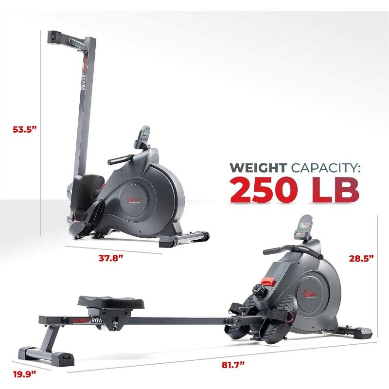 Sunny Health & Fitness Magnetic Rowing Machine w 53.4" Extended Slide Rail, Smooth Quiet Resistance and Optional Exclusive