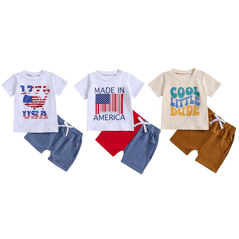 Комплект детской одежды lioraitiin для мальчиков, футболка с коротким рукавом и принтом в виде звёзд, с эластичной талией, шорты, одежда, 4 июля