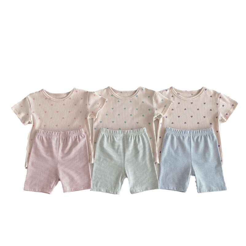 Children Short Sleeve Pajamas Set Summer New Baby Girl Heart Print T Shirts + Striped Shorts 2pcs Suit Kids Versatile Outfits