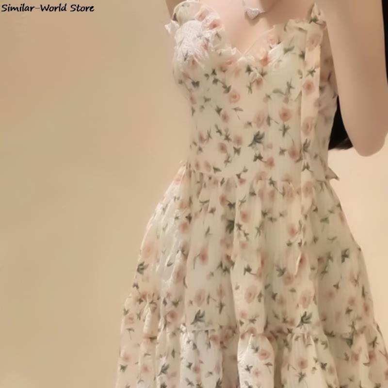 Gaun Sling motif bunga gaun Bodycon leher V Wanita gaun Mini musim panas 2023 tren pelangsing seksi elegan Mode Korea wanita