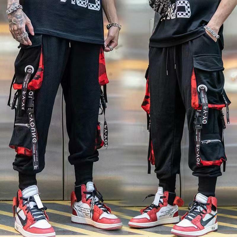 Classic Streetwear Hip Hop Joggers Men Letter Ribbons Cargo Pants Pockets Track Tactical Casual Male Trousers Sweatpant KZ98