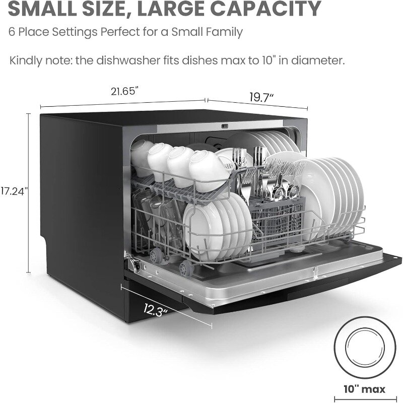 Energy Star-lavavajillas portátil para encimera, 6 ajustes de lugar y 8 programas de lavado, velocidad, cuidado del bebé, ECO & Glass