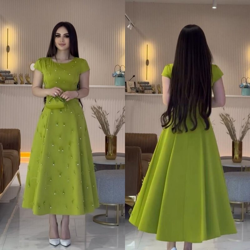 Jersey Beading Draped Celebrity A-line O-Neck Bespoke Occasion Gown Midi Dresses