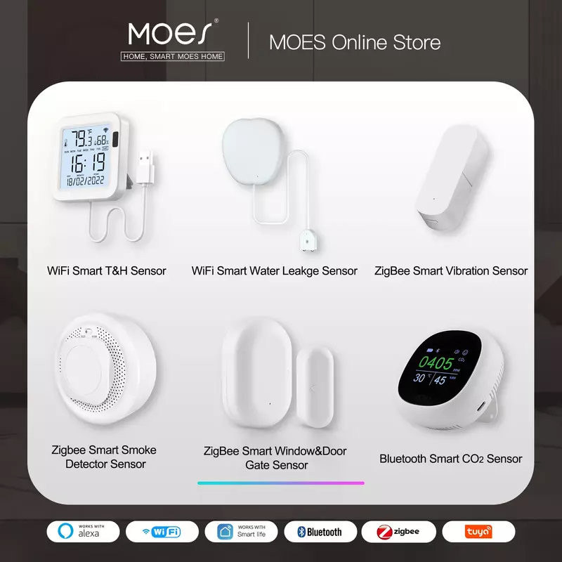 MOES Tuya Smart Life Sensor Series Product For T&H with Water Leakage and Vibration Window&Door Smoke Alarm CO2 Security System