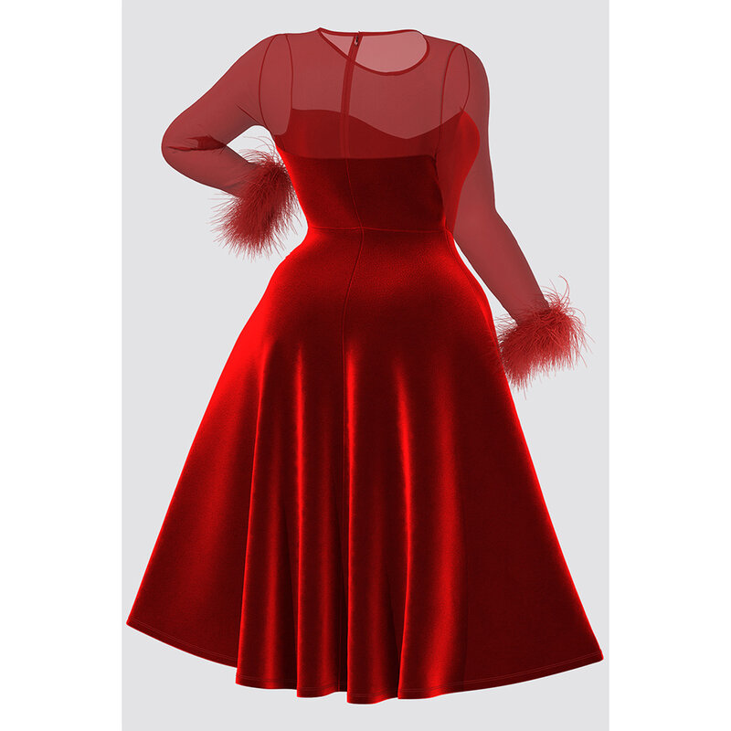 Vestido Midi de fiesta de cóctel de talla grande, elegante, rojo, otoño, invierno, cuello redondo, manga larga, transparente, terciopelo