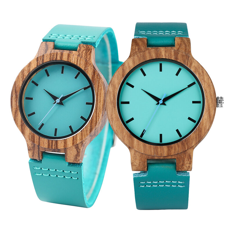 Reloj de cuarzo de cuero genuino azul único para hombres y mujeres, caja de reloj de madera de cebra minimalista, relojes de pulsera para pareja, regalo de aniversario