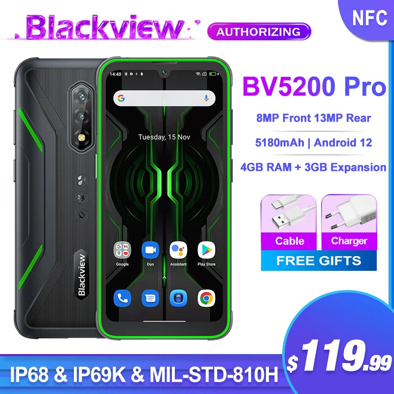 Blackview-BV5200 Pro telefone móvel robusto, Octa Core celular, Octa Core, 13MP Camare, ArcSoft, NFC, 5180mAh, Android 12, 4GB, 64GB, 6,1 em