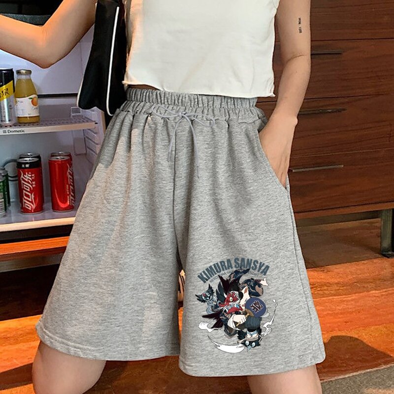 Celana Pendek Wanita Musim Panas Longgar Lebar Kaki Selutut Kasual Trendi Semua Pertandingan Siswa Samurai Dicetak Pantai Kebugaran Celana Pendek Bernapas