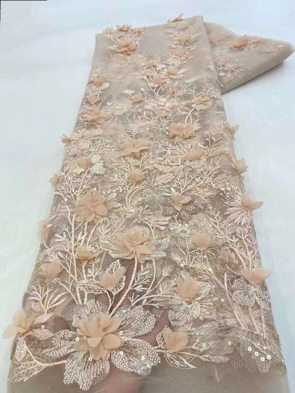 Lantejoulas Nigerianas Bordadas Tecido De Renda De Tule Africano, Noivo 3D para Vestido De Noiva, Renda Líquida Francesa, Tecido De Costura, 2023