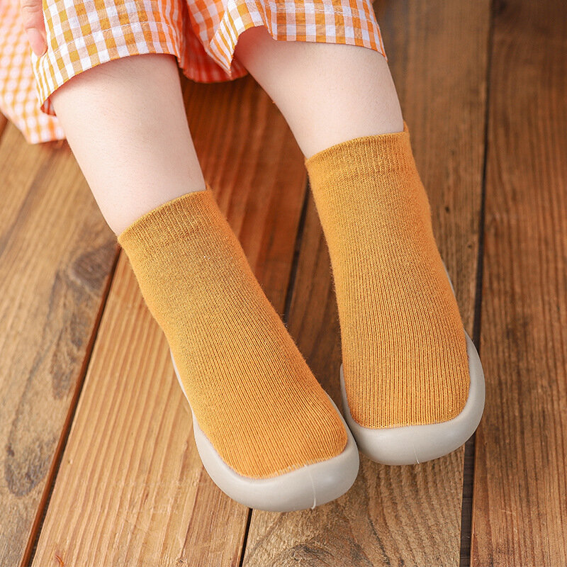 Детская обувь для новорожденных, обувь для первых шагов, однотонные Мягкие вязаные детские носки для мальчиков и девочек, противоскользящая резиновая подошва