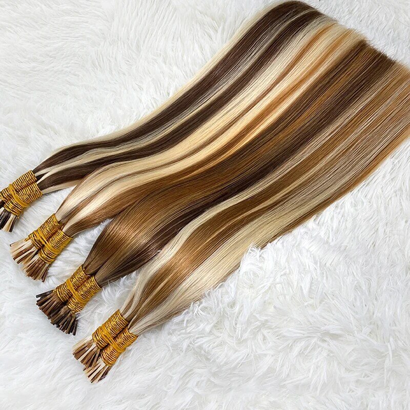 Ekstensi rambut ujung I lurus 100% Natural Real Human Fusion 50 buah/set kapsul Keratin warna pirang coklat 18-30 inci