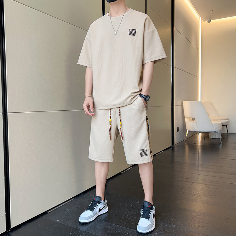 Fato de treino com estampa waffle masculino, shorts de duas peças, moletom solto estilo Harajuku, roupas novas da moda verão 2024