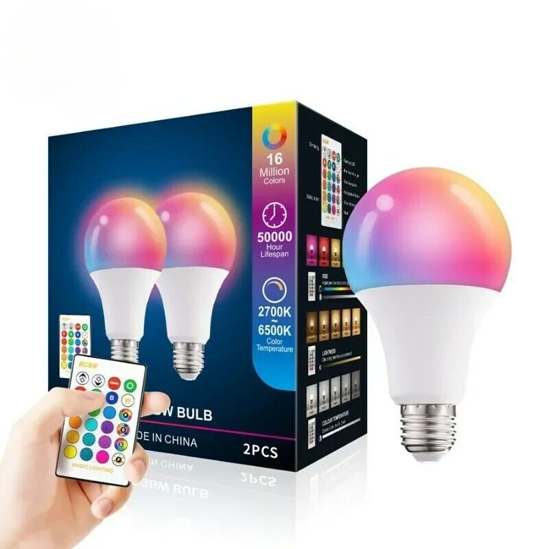 Lâmpada LED inteligente, E27, LED, AC 85-265V, 3W5, 10, 15W, controle remoto IR, RGBW, decoração de casa