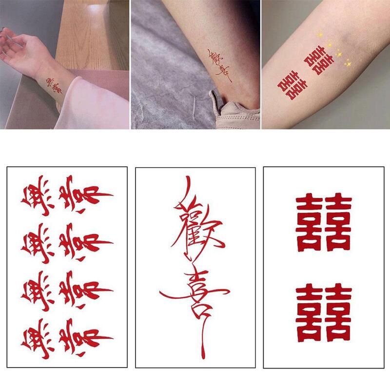 Pegatinas de tatuaje de personajes chinos rojos para hombres y mujeres, 1 piezas, tatuaje temporal falso, a la moda, impermeable, W8S5