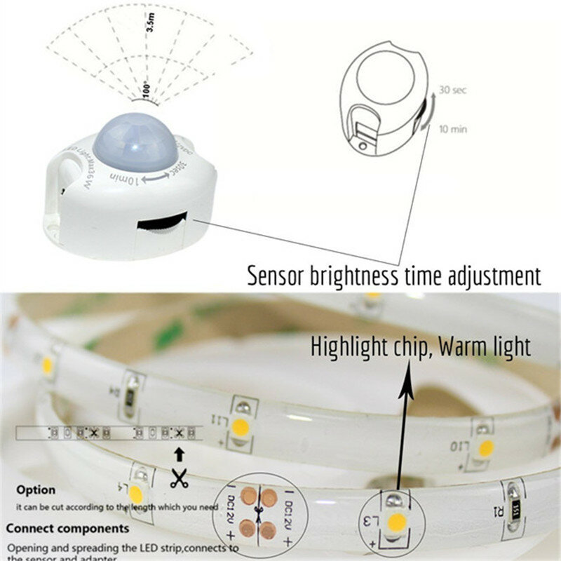 Fita LED, Luz de cama com fonte de alimentação, DC 12V, 1m, 2m, 3m, 4m, 5m, LED Strip Sensor de Movimento, Auto ON e OFF, 10m, SMD2835