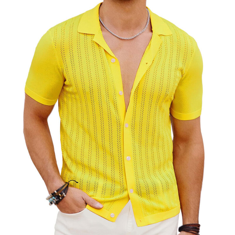 Mens Yellow Short Sleeve Knit Shirts Vintage Button Down Polo Shirt Men Casual Summer Beach Vacation Tops Chemise Homme XXL
