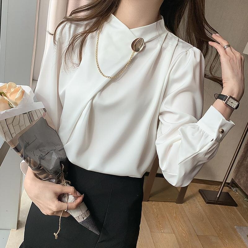 QWEEK blus lengan panjang Satin wanita, kemeja kantor elegan modis Korea Vintage untuk wanita