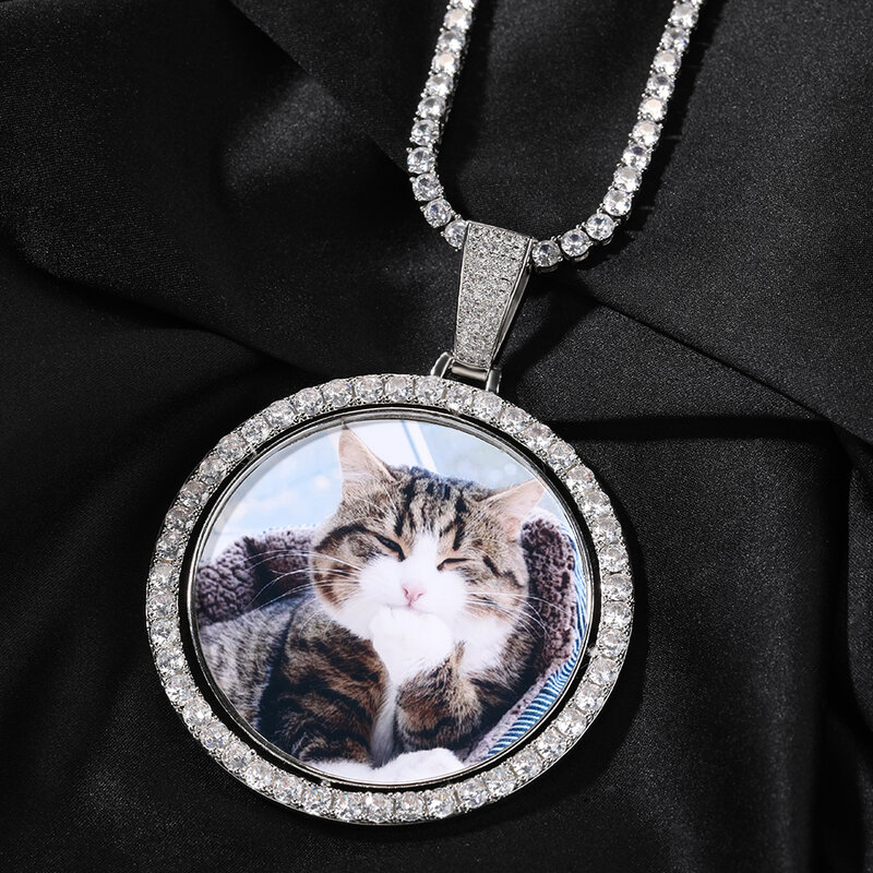 THE BLING KING-Pendentif photo rotatif rond surdimensionné personnalisé, médaillons de bricolage, collier Hip Hop, bijoux de mémoire, cadeau de famille, 2 pièces