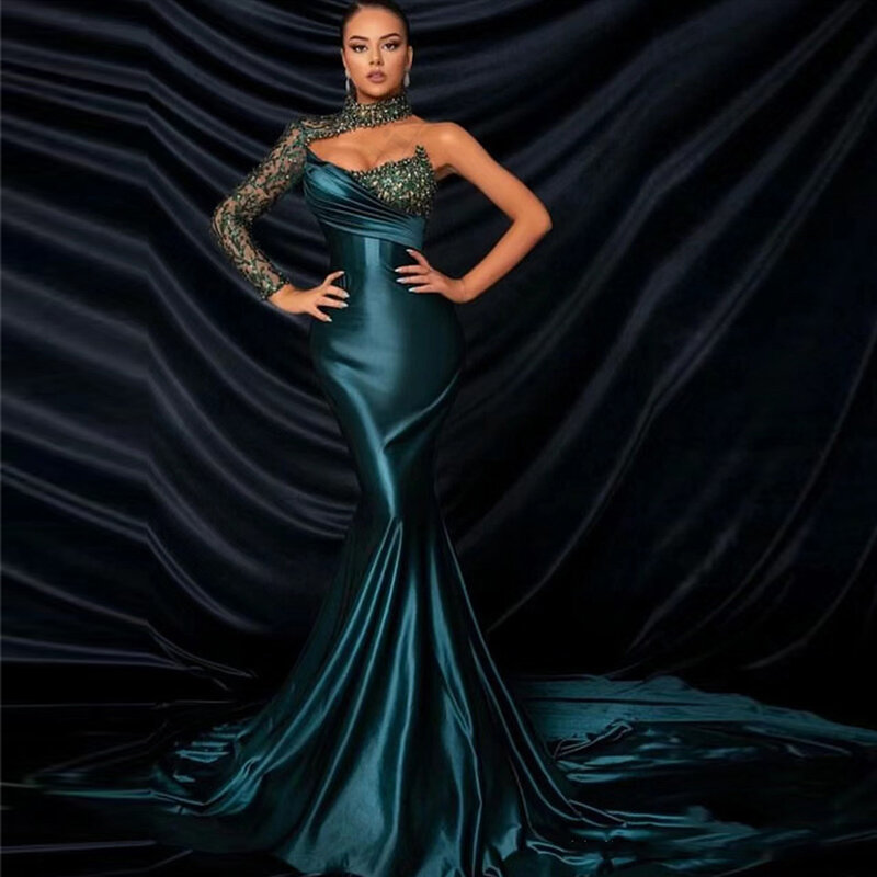 Syrenka przepiękny satynowe suknie wieczorowe wykwintne koraliki formalne seksowne eleganckie jedno ramię rękaw sukienki na przyjęcie na bal dla kobiet 2024