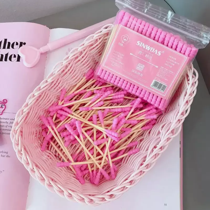 100-100 Stück rosa Doppelkopf Wattes täbchen Sticks weibliche Make-up Entferner Wattes täbchen Spitze für medizinische Nasen ohren Reinigungs zubehör