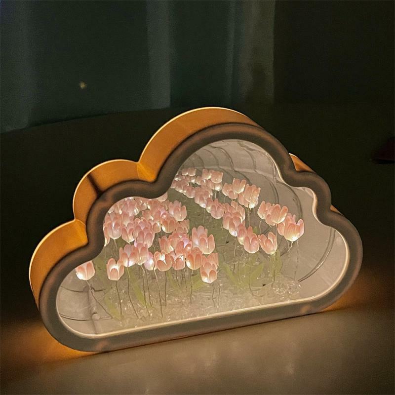 Handmade DIY Cloud Tulip Mirror Small Night Light INS Girl Heart Living Room Desktop Decoration Birthday Gift Holiday Gift