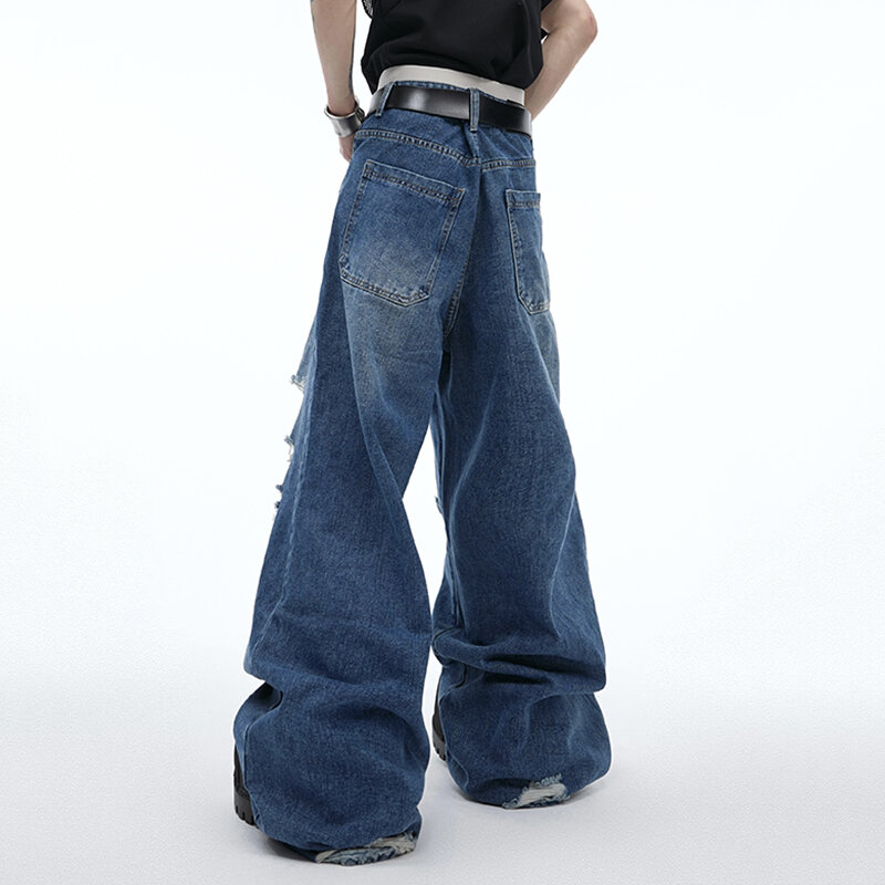 FEWQ-بنطال جينز فضفاض مطرز بتنين للرجال ، جينز بأرجل واسعة ، شرابة مكسورة ، ثقب أنيق ، جديد ، الصيف ، Tide 24Y167