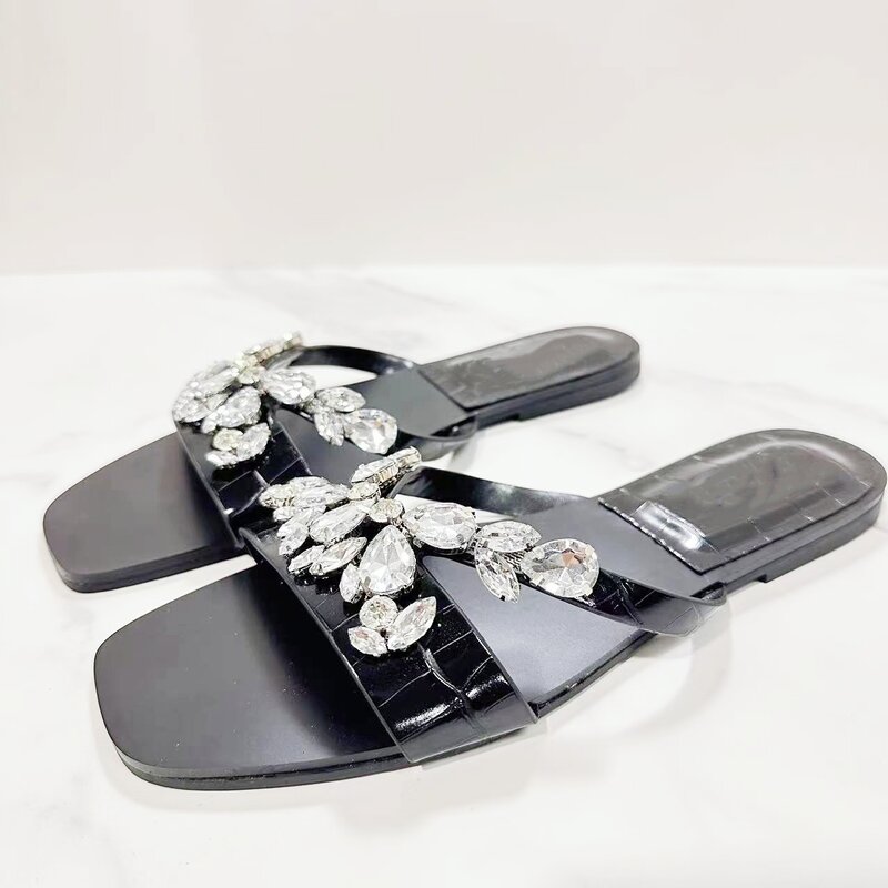 Sandalias planas con decoración de diamantes de agua para mujer, zapatos con punta cuadrada, zapatillas y sandalias planas para verano, 2024