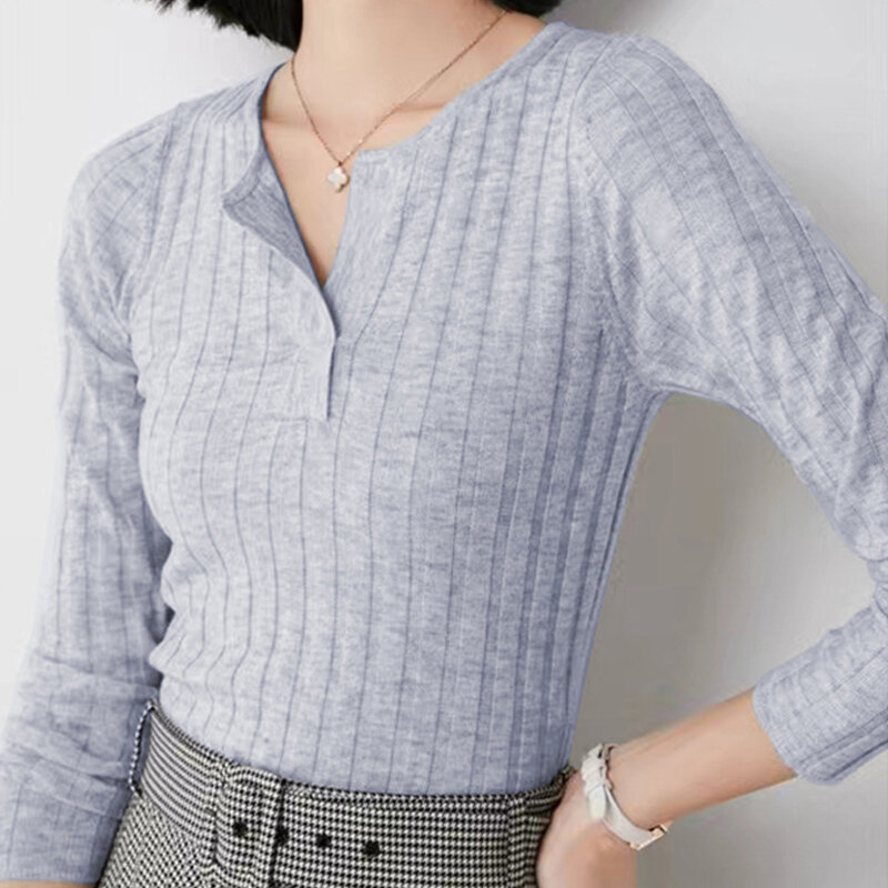 Jersey de lana de estambre para mujer, suéter informal de Color sólido, Tops de mujer, blusa ajustada con cuello en V, Otoño, nuevo