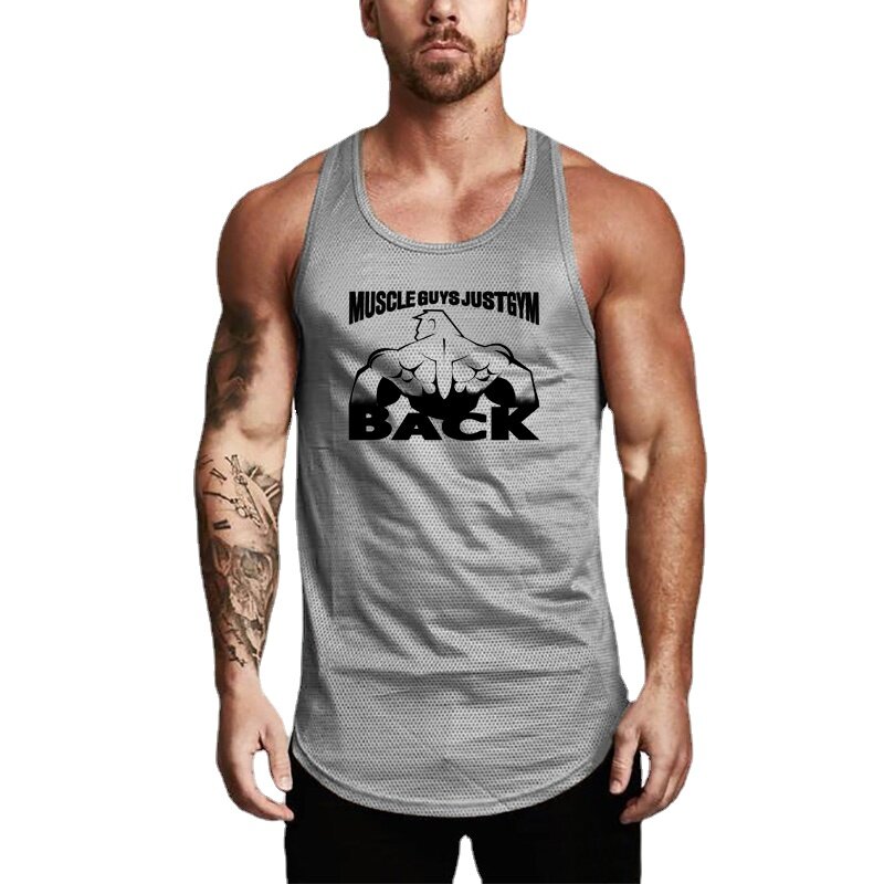 Bodybuilding Gym Sports Mens Mesh Letter Printed O-neck Mesh Quick-drying Summer Fashion Casual Breathable Cool Vest