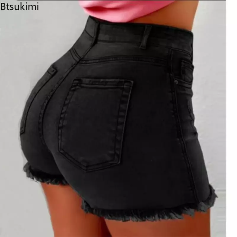 Plus Size 4XL 5XL Women's Denim Shorts Summer Lady High Waist Jeans Shorts Fringe Frayed Ripped Casual Hot Shorts With Pockets