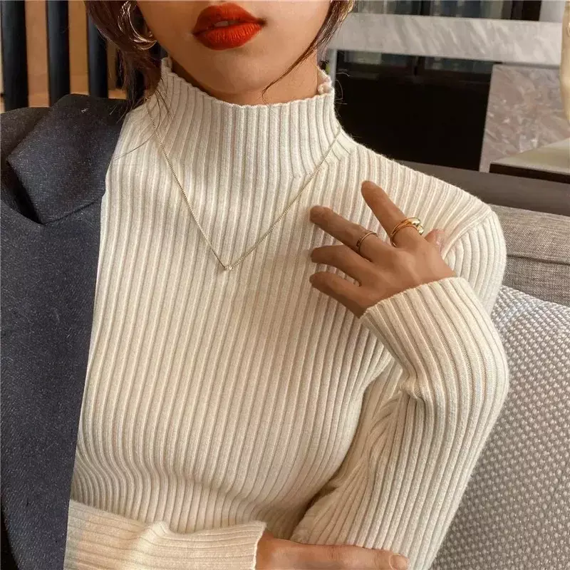 Knitted Ribbed Turtleneck Sweater Women Clothes New Long Sleeve Slim Basic Pullover Woman Sweaters Solid Tops Autumn Winter