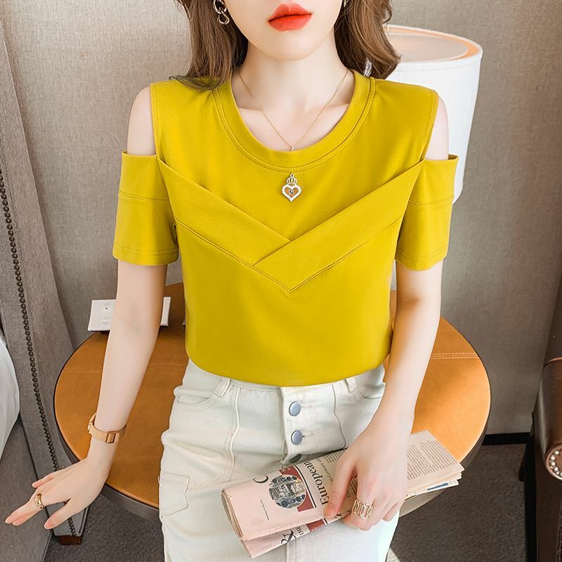 Fashion O-Neck Spliced Diamonds Off Shoulder T-Shirts Women Clothing 2024 Summer Loose Korean Solid Color Tops Casual Tee Shirt