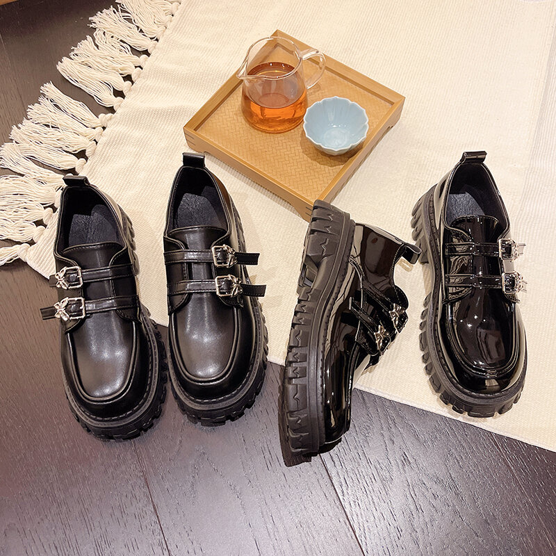 Rimocy-Sapatos de plataforma grossas em couro para mulheres, fivela borboleta dupla, mocassins góticos, sapatos Mary Jane, moda mulher, 2024