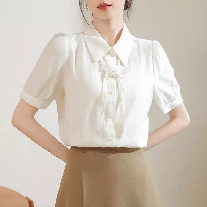 Chiffon Women's Shirt Summer Vintage Solid Blouses Loose Chinese Style Women Tops Short Sleeves Fashion Clothing YCMYUNYAN