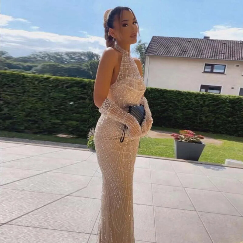Arabic Luxury Halter Evening Dress Women Elegant Pearls With Gloves Mermaid Exquisite Formal Prom Occasion Wedding Party Gowns
