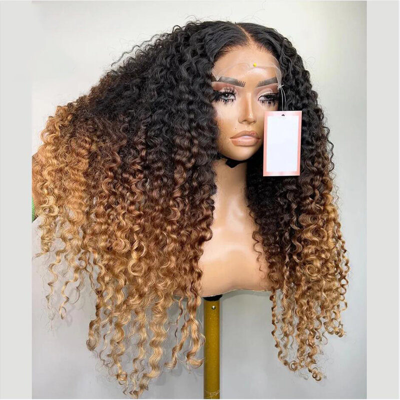 Kinky Curly Long Soft Lace Front Wig pour femmes noires, blond ombré, densité 180, sans colle, préplumé, degré de chaleur, baby hair, 03/26 po